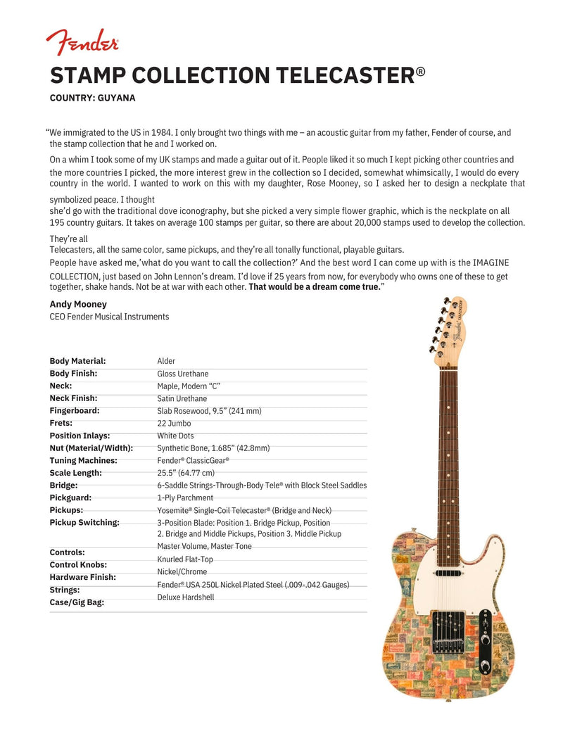 Fender Custom Shop Andy Mooney World Stamp Collection Telecaster Benefiting LA Wildfire Relief - Guyana